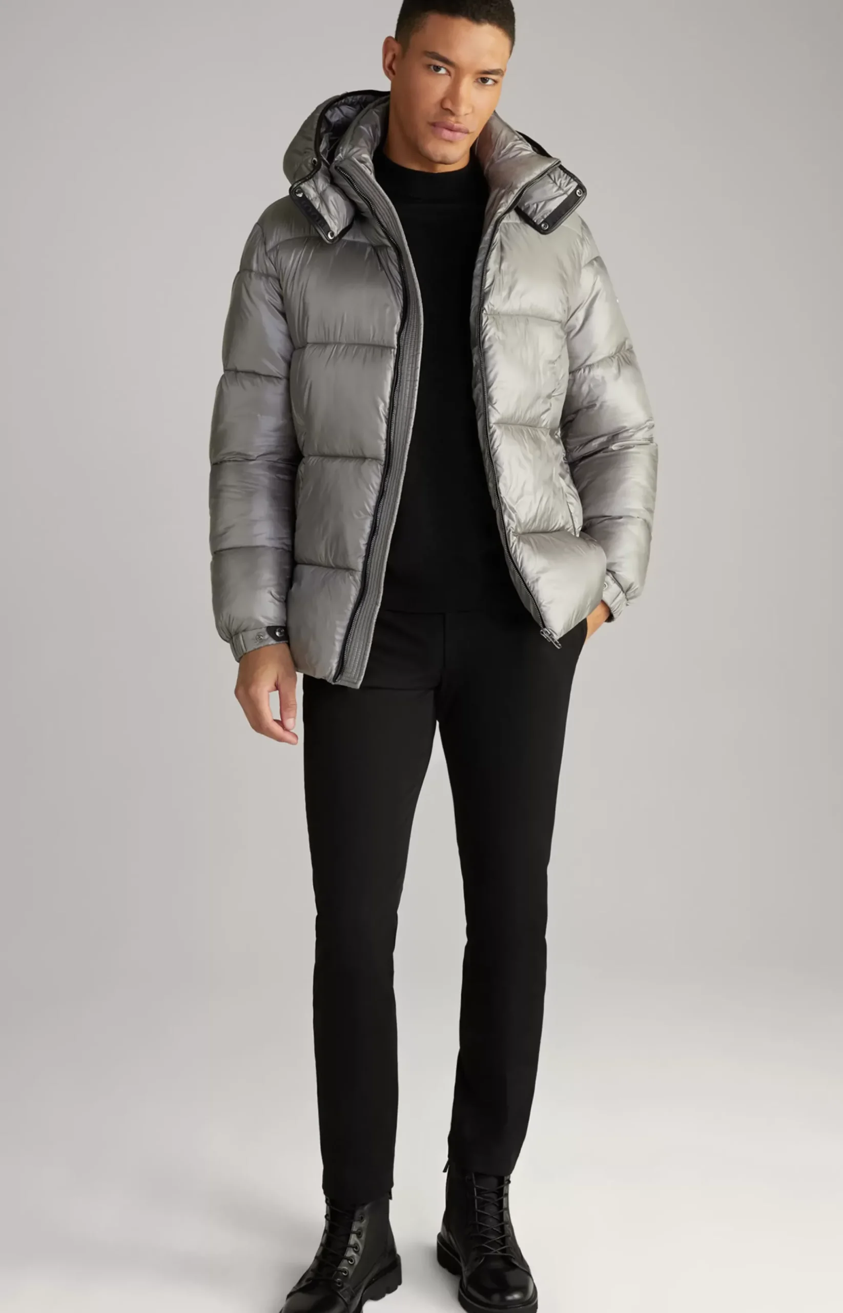Ambro Quilted Jacket with Hood in Metallic Grey