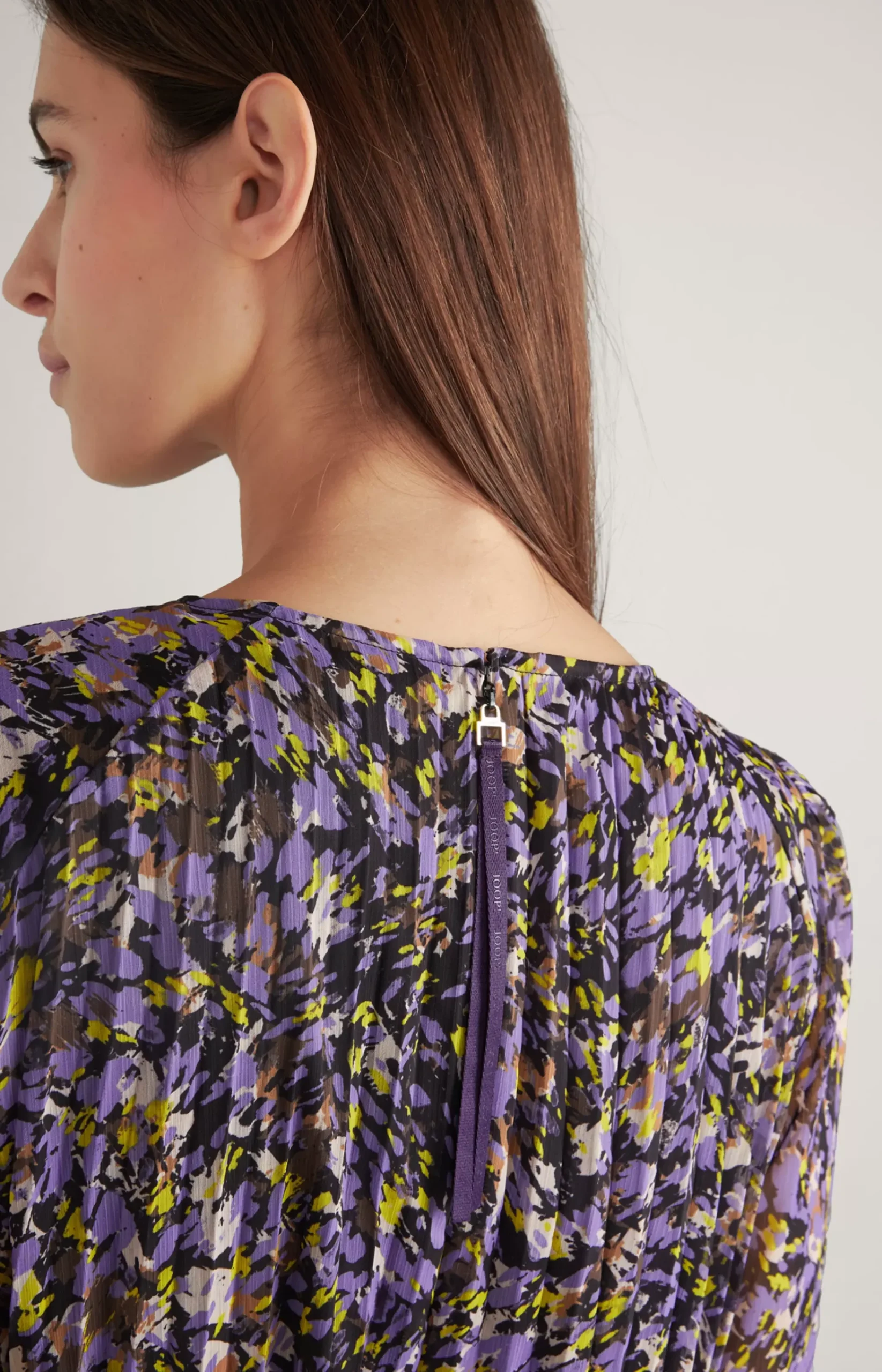 Chiffon Pleated Dress in a Purple/Yellow Pattern