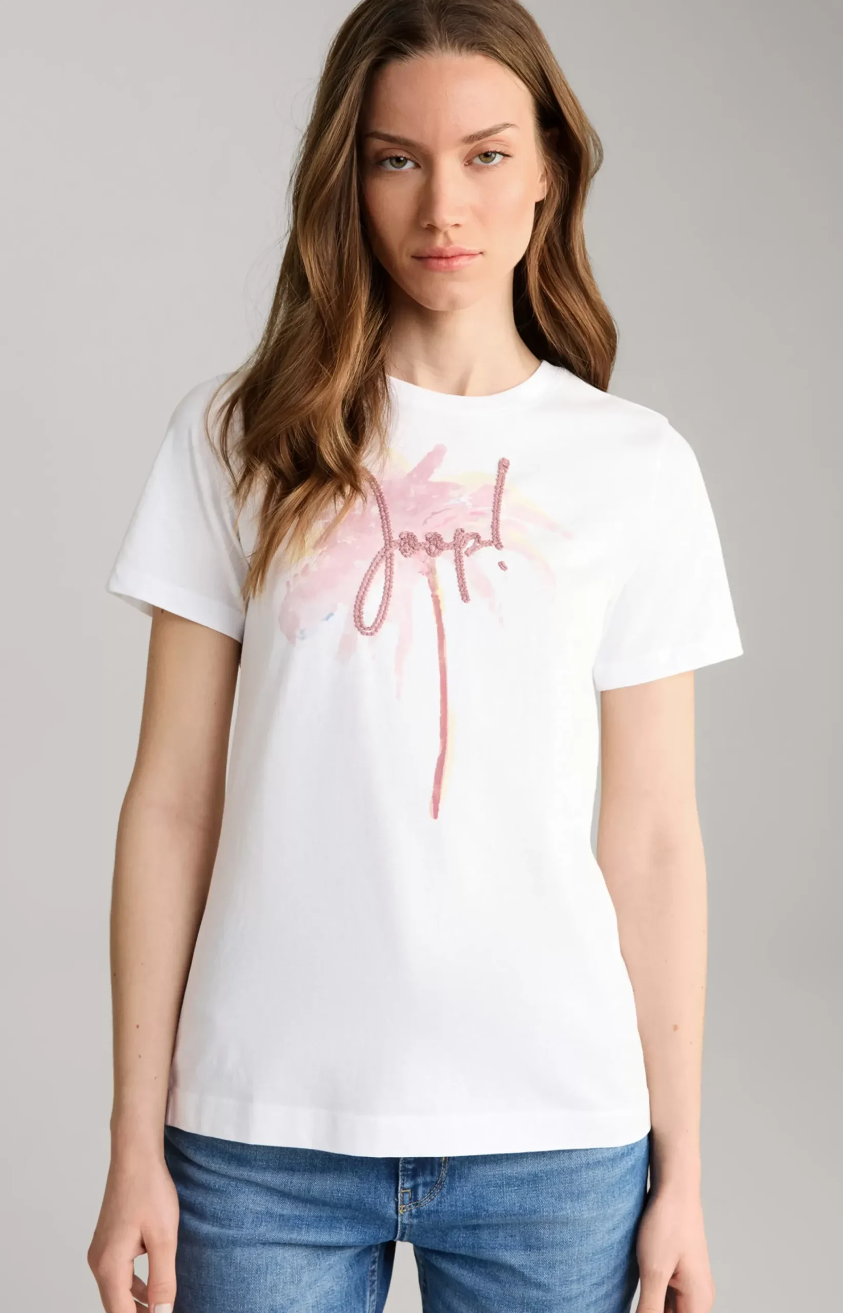 Cotton T-shirt in White/Dusky Pink