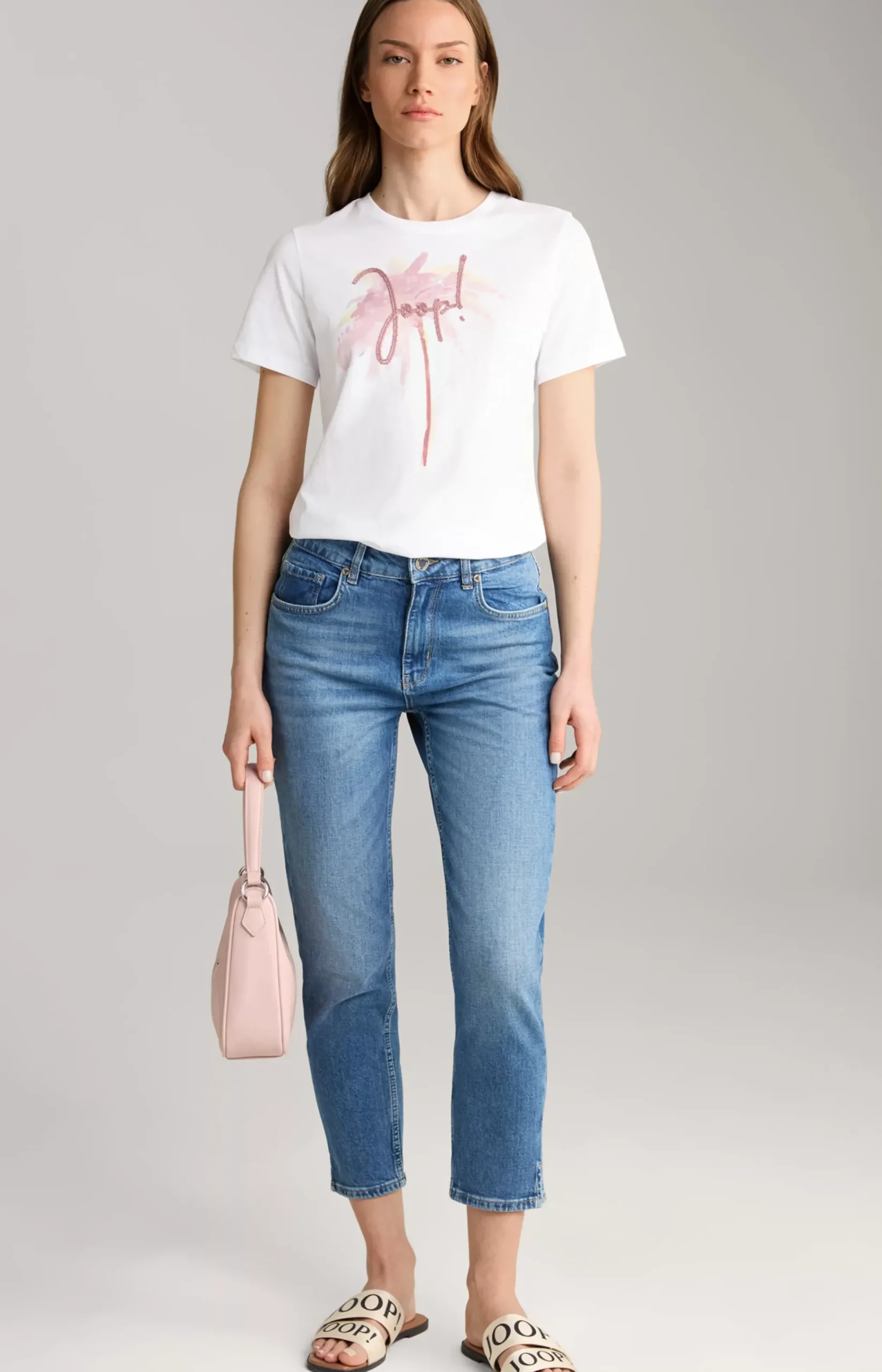 Cotton T-shirt in White/Dusky Pink