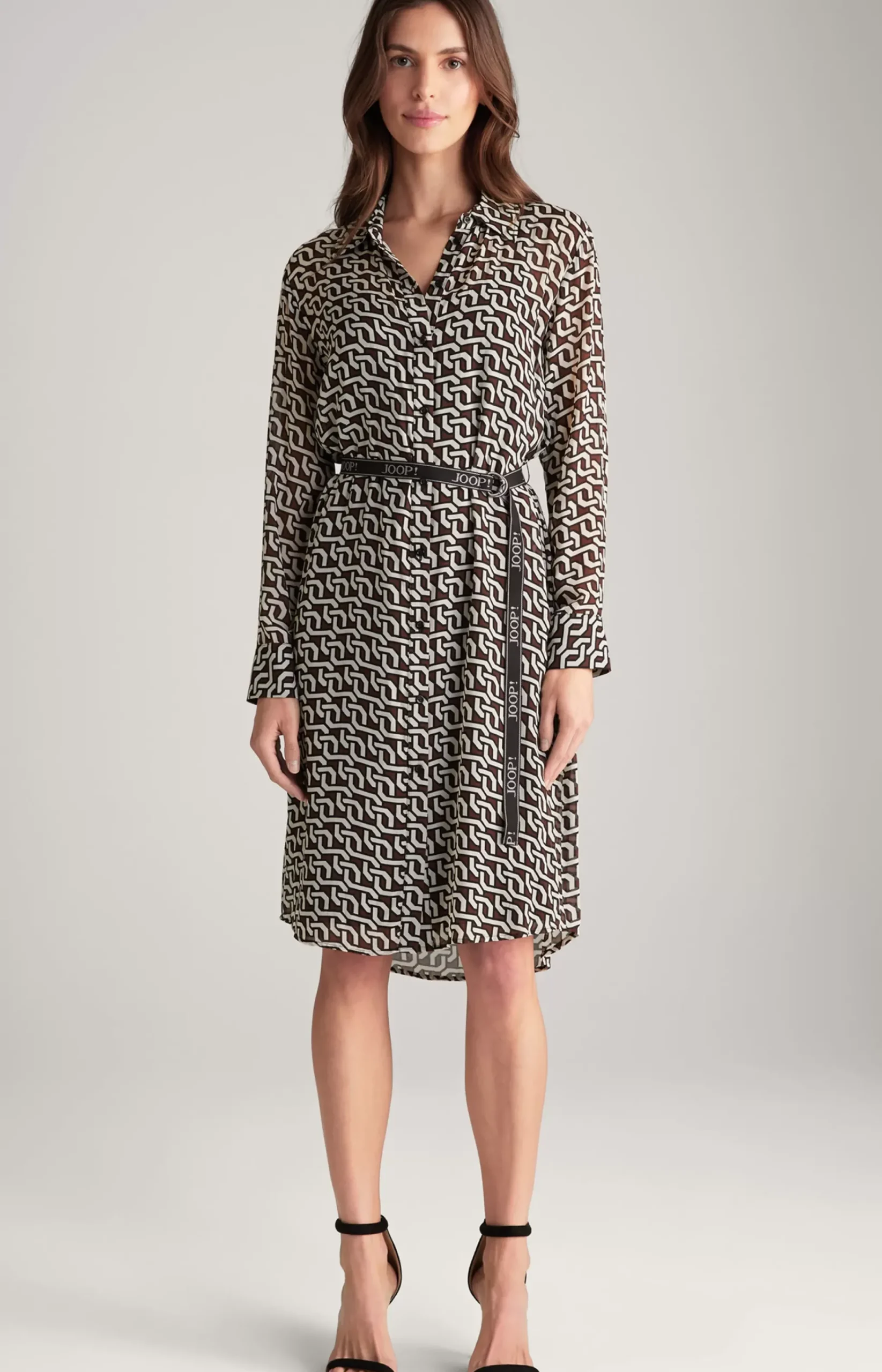 Georgette Shirt Dress in a Brown/Cream/Black Pattern