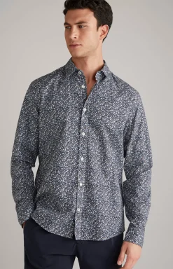 Hanson Cotton Shirt in Dark Blue/Off-white
