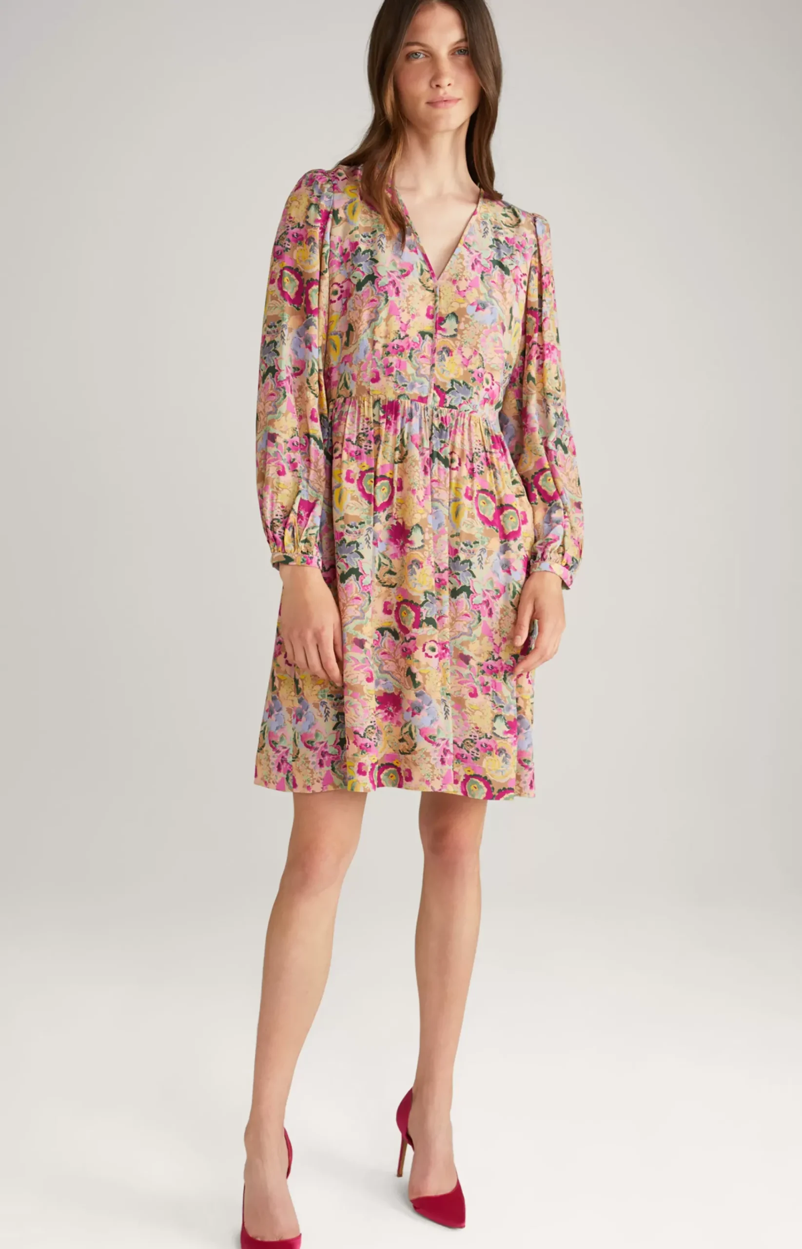 Midi Dress in a Beige/Pink Pattern