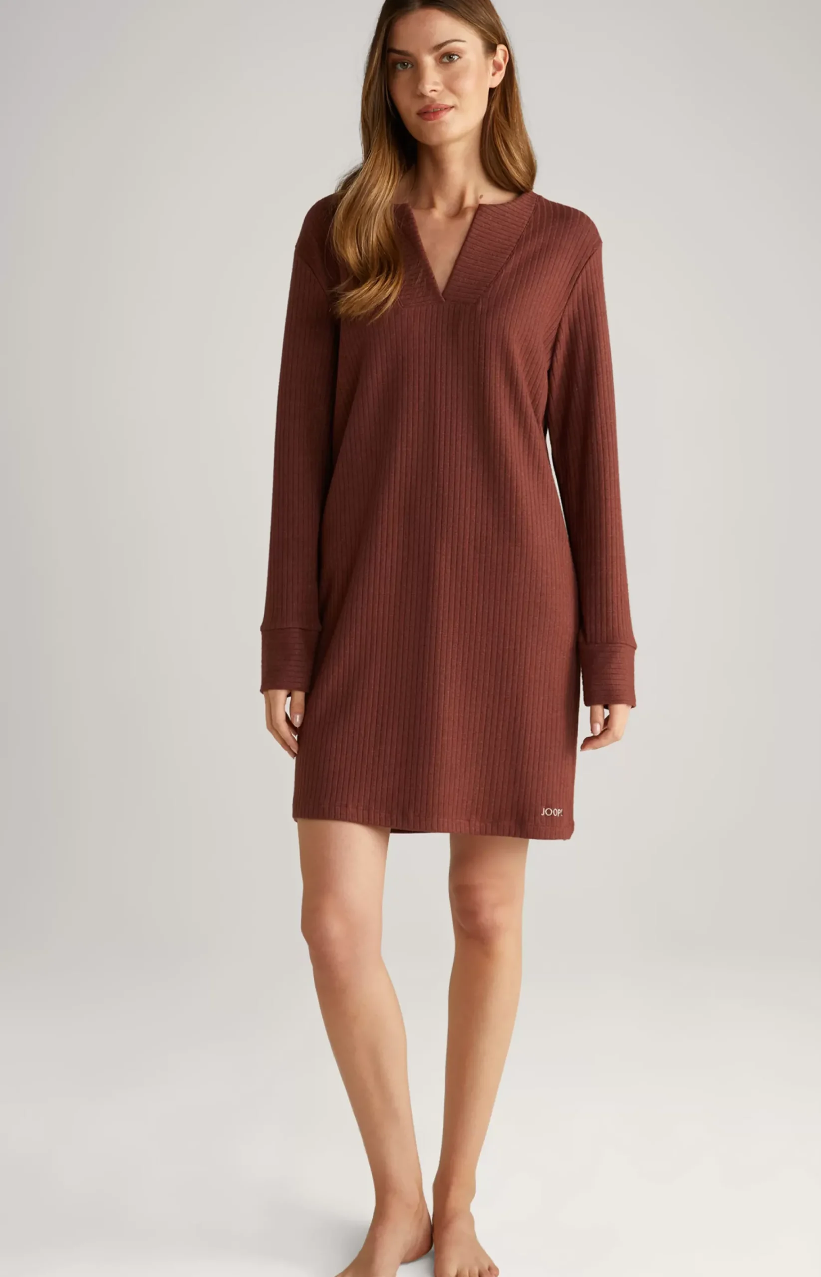 Ribbed Long Loungewear Shirt in Coffee