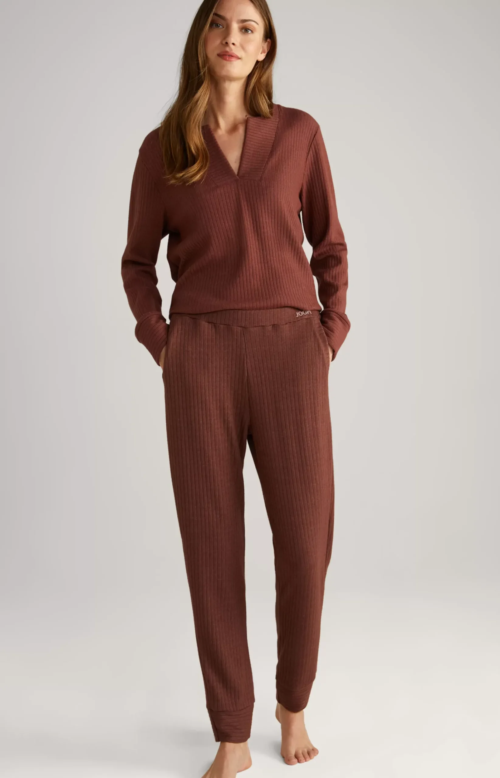 Ribbed Long-Sleeve Loungewear Top in Coffee