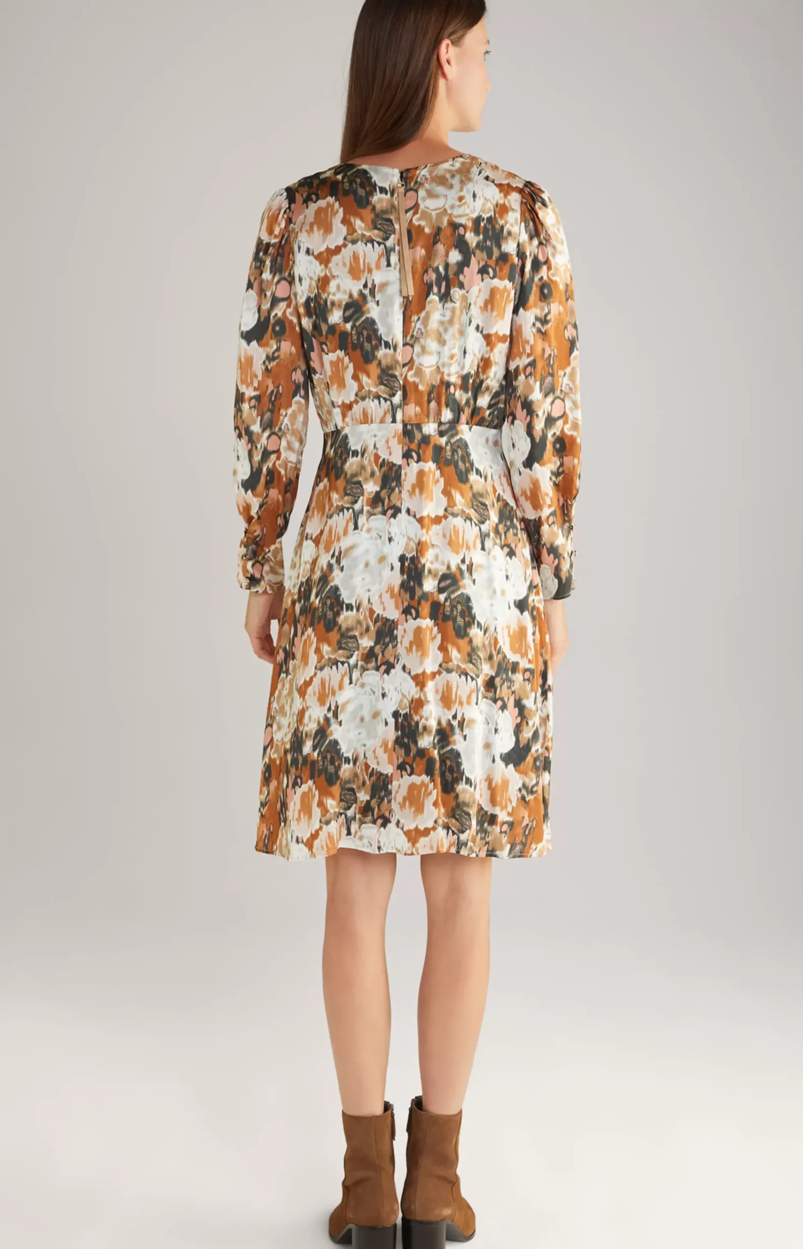 Satin Dress in a Brown/Black/Ecru Pattern