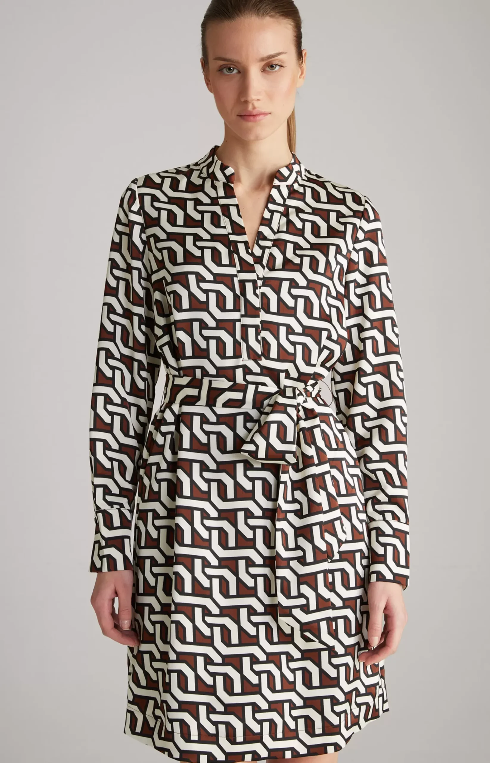 Satin Dress in a Brown/Cream/Black Pattern