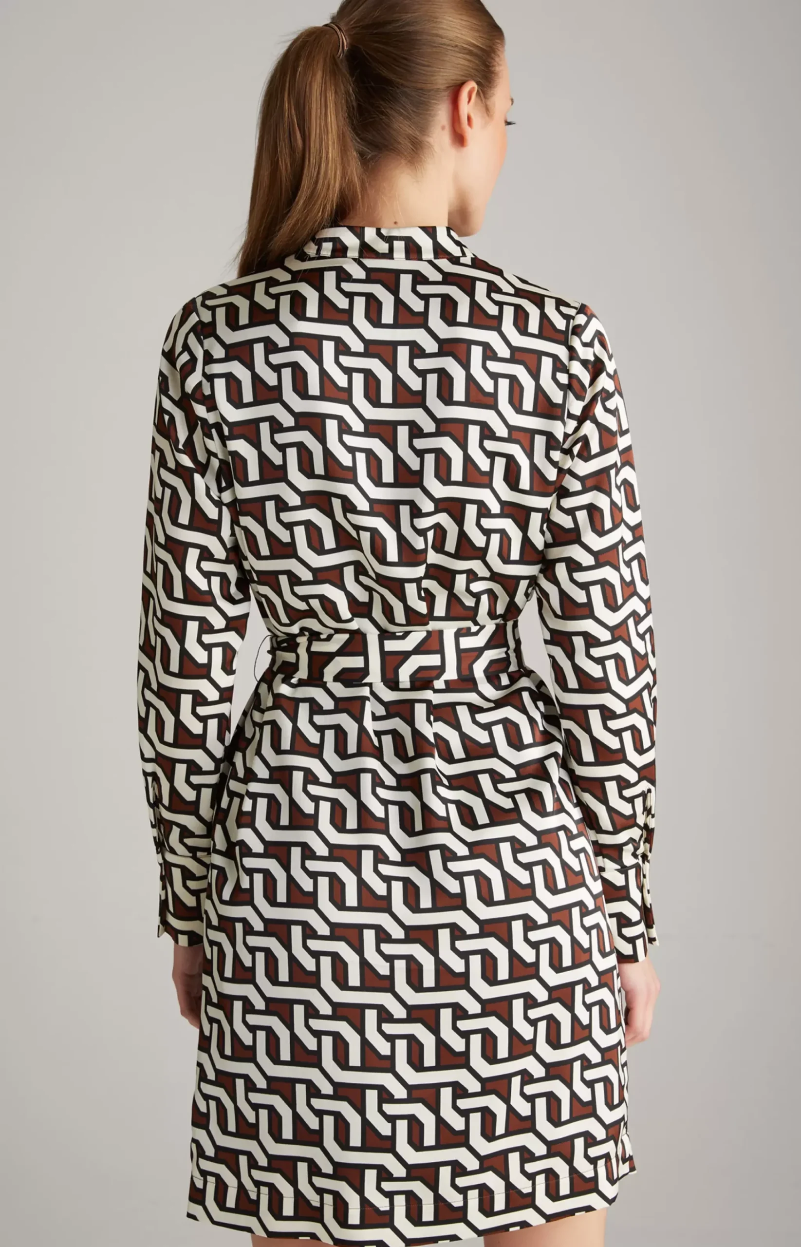 Satin Dress in a Brown/Cream/Black Pattern