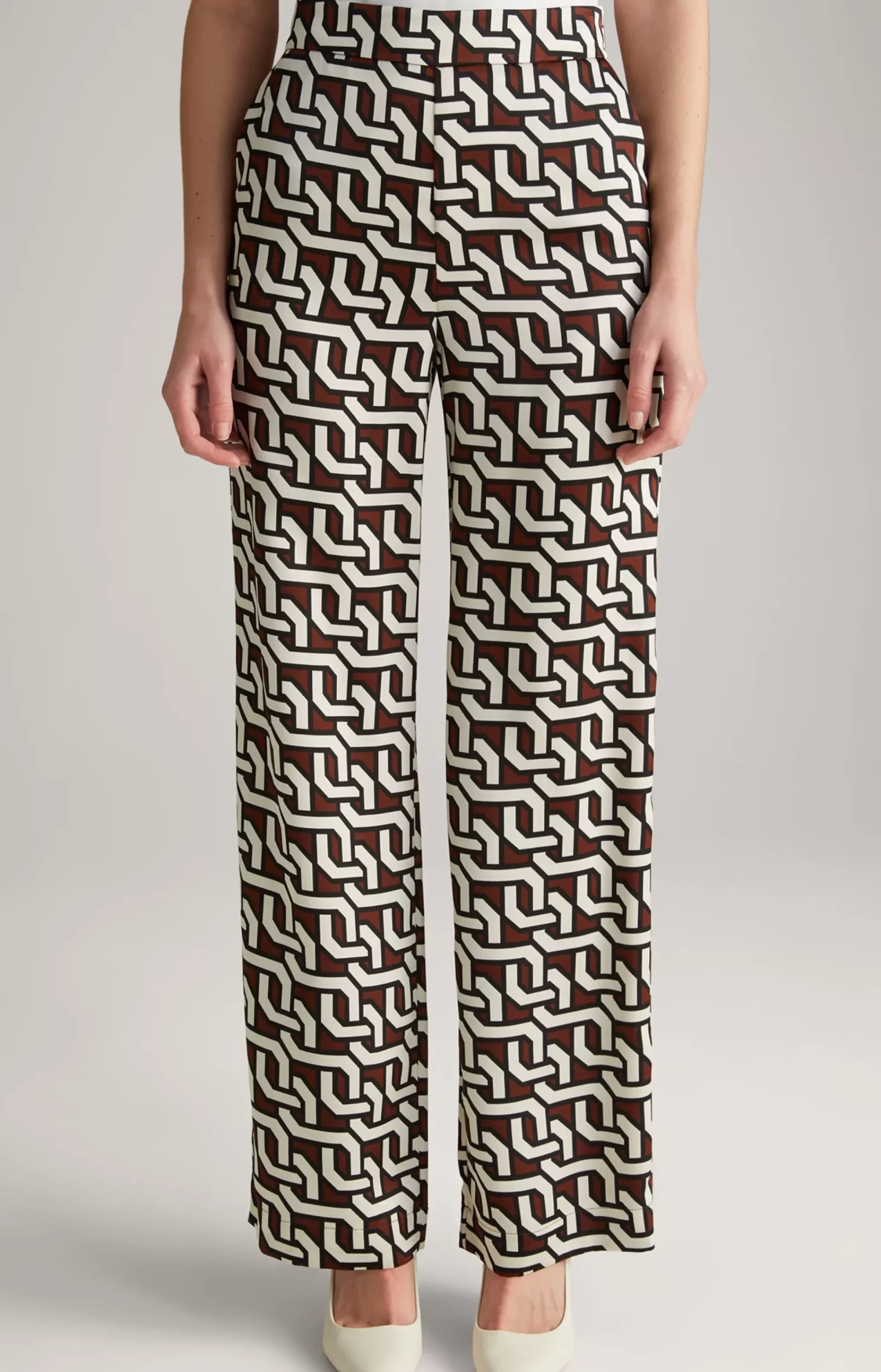 Satin Trousers in a Brown/Cream/Black Pattern