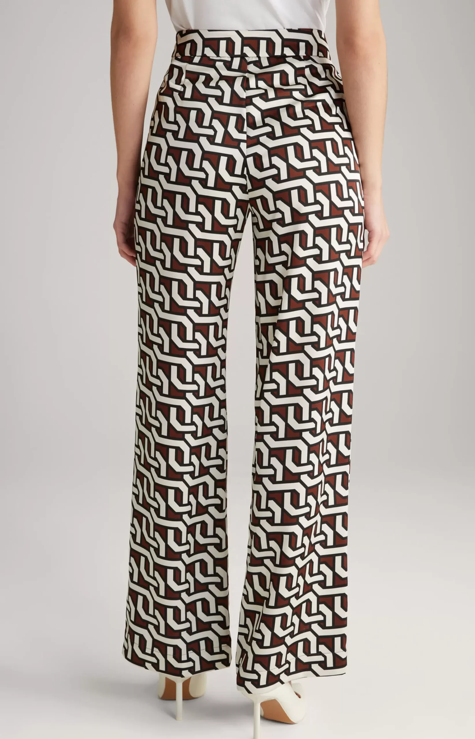 Satin Trousers in a Brown/Cream/Black Pattern
