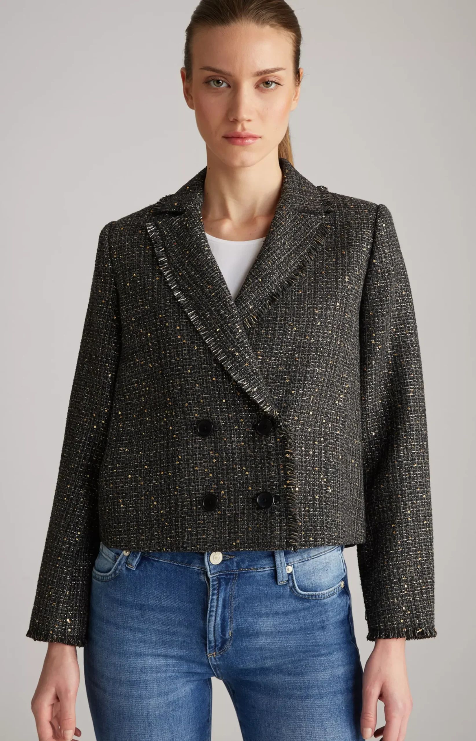 Tweed Blazer Jacket in Black/Grey/Gold